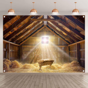 7x5ft Fabric Christmas Manger Scene Backdrop Birth of Jesus Nativity Holy Family Photography Background Barn