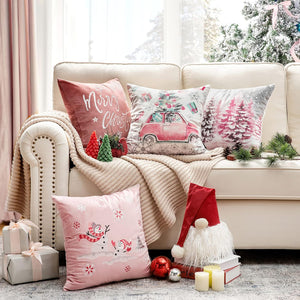 Set of 4 Merry Christmas Decorative Print and Embroidery Velvet Throw Pillow Covers, pink