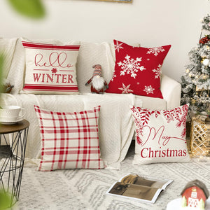 Merry Christmas Hello Winter Buffalo Plaid Snowflake Red Throw Pillow Cover, 18 x 18 Inch Winter Holiday Cushion Case Decoration for Sofa Couch Set of 4