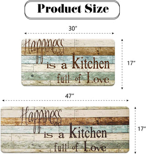 Farmhouse Kitchen Mats Sets 2 Piece Cushioned Anti-Fatigue Comfort Mat, 30" by 17" + 47" by 17",Happiness