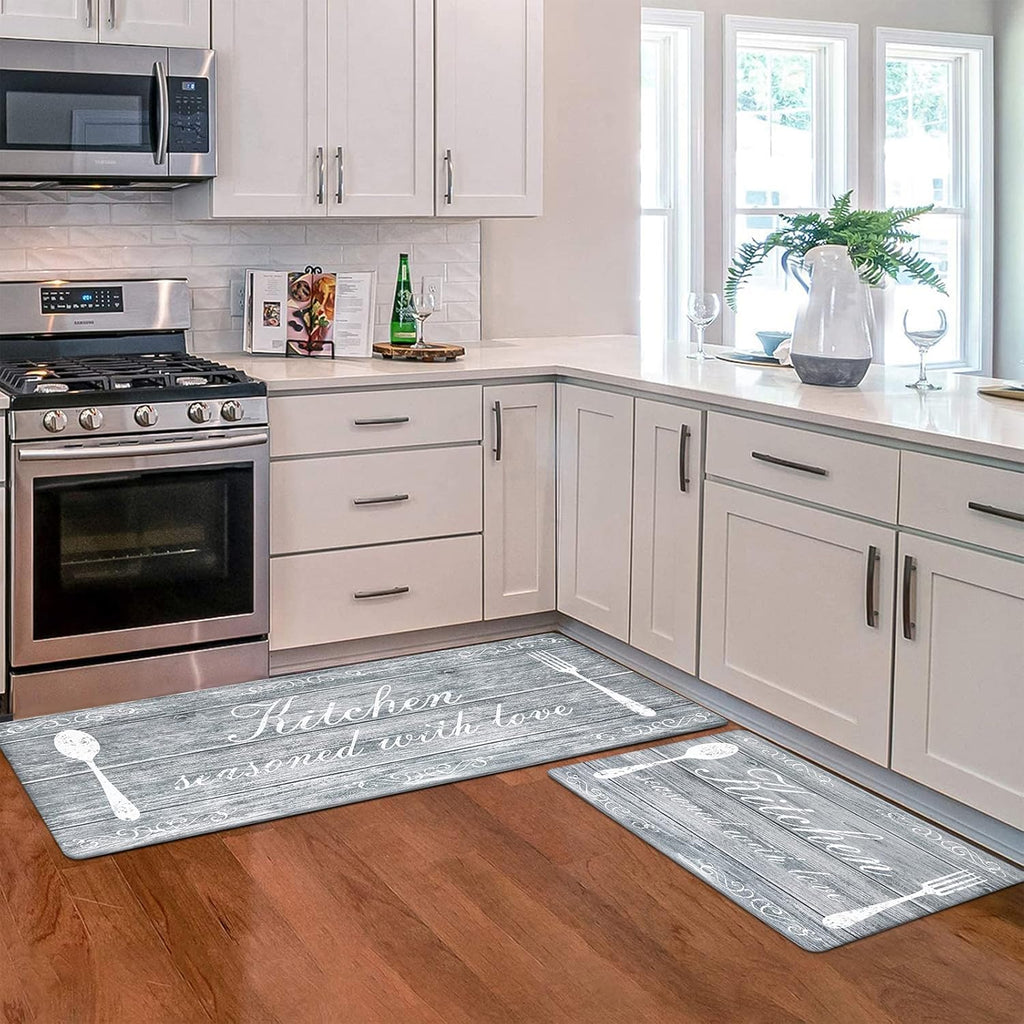 Set of 2 Farmhouse Kitchen Rugs Non Skid Washable, Cushioned Kitchen Floor Mats, Grey