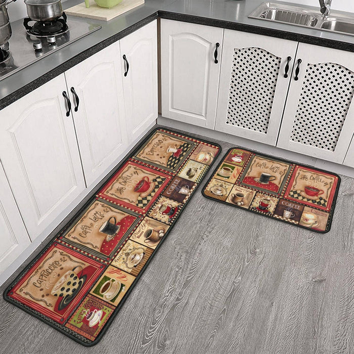 2 Piece Coffee Kitchen Decor Rug Set, Home Kitchen Sink Rugs and Mats Non Skid, 17"x47"+17"x30", Coffee