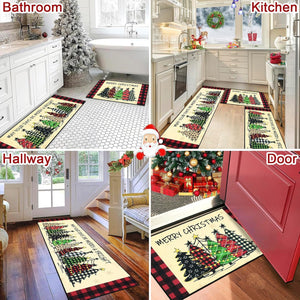 Set of 3 Xmas Tree Kitchen Rugs and Mats Winter Holiday Floor Carpet Mat