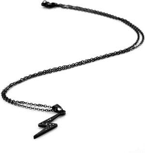 Stainless Steel Lightning Pendant with CZ Stones Necklace for Men and Women, Black