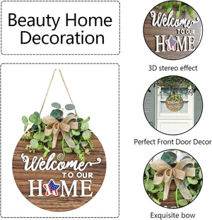 Interchangeable Seasonal Welcome Sign Front Door Decoration, Rustic Round Wood Wreaths Wall Hanging Outdoor, 12 inches