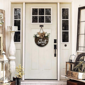 Home Sweet Home Wreaths Decor Sign Front Door, Round Wood Hanging Sign with Ribbon Bow and Artificial Green Leaves