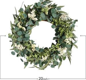 20-inch Artificial Eucalyptus Leaf Wreath Spring Summer Green Leaves Wreath Front Door Wall Hanging Window Decoration Porch Farmhouse