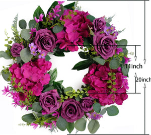 Artificial Purple Rose Wreath 20 inches Front Door Wreath with Hydrangea Green Leaves Wreath Artificial Spring Wreath