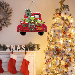 Christmas Door Hanging Sign Decorations, Wooden Christmas Wall Hanging Decor, Truck Wreath Pattern Front Door Signs