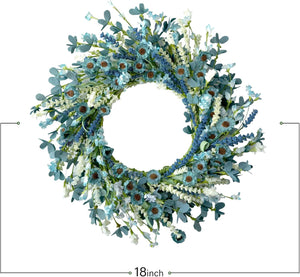 20 Inch Spring Wreath Blue with Green Leaves Daisy Artificial Grains White Flower for Front Door Wreath