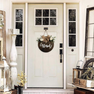 Blessed Wreaths Decor Sign Front Door, Round Wood Hanging Sign with Ribbon Bow and Artificial Green Leaves