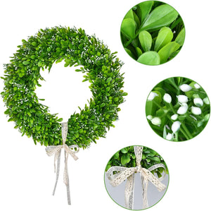 Artificial Boxwood Wreath Decoration - 15" Spring Wreath with White Seeds and Silk Ribbon for Front Door