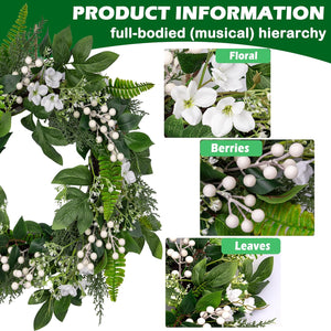 20 inch Spring Wreaths for Front Door with White Berries,Handmade Green Leaves Wreath for All Seasons