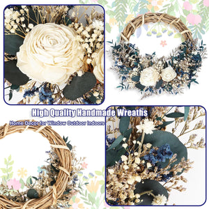 20Inch Blue Dried Flowers Natural Wreath, Door Wreaths for Front Door Outside All Season Farmhouse