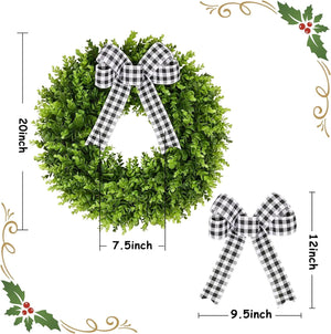 Artificial Boxwood Wreath Front Door Wreaths Artificial Spring Summer Greenery Hanging with A Plaid Bowand Sash