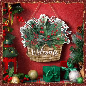 Christmas Hanging Sign for Front Door Christmas Welcome Wreath Door Decorations Red Berries Hanging Porch