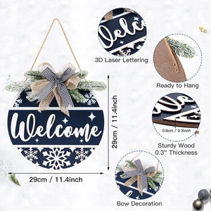 Blue Welcome Winter Front Door Sign Wreath(11.4”), Wooden 3D Welcome Home Decoration Wall Hanging with Plaid Bow Snowflake