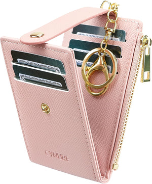 Women & Men Leather RFID Blocking Card Holder Slim Small Zipper Keychain Front Pocket Wallet with 2 ID Window, Pink