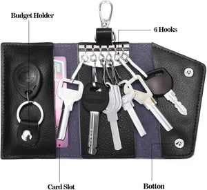 Compact Leather Car Key Case, Key Holder Key Organizer Wallet, With 6 Hooks(Black)