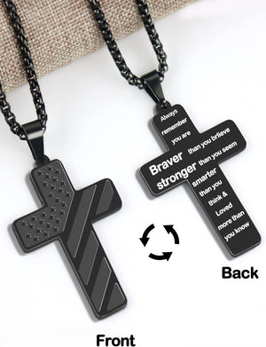 Cross Necklace for Men, Premium American Flag Stainless Steel with 24-Inch Lord's Prayer Pendant