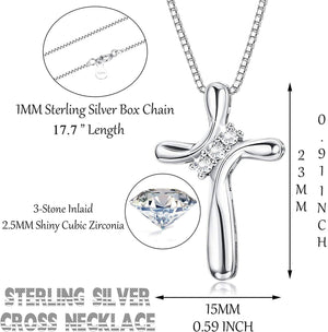 25 Sterling Silver Cross Necklace for Women 3 Stone Cubic Zirconia Silver Cross Pendant Necklaces with 1 MM Box Chain,18 Inches