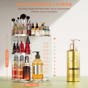 DIY 9 Adjustable Layers Spinning Skincare Organizer, Cosmetic Organizer with Brush Holder Perfume Tray, Multi-Function Storage Carousel