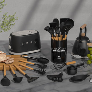 33 pcs Non-Stick Utensils Spatula Set with Holder, Black Wooden Handle Silicone Kitchen Gadgets