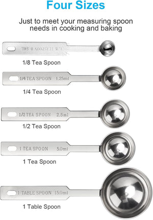 5PCS Measuring Spoons Set, Includes 1/8 tsp, 1/4 tsp, 1/2 tsp, 1 tsp, 1 tbsp, Food Grade Stainless Steel measuring cups