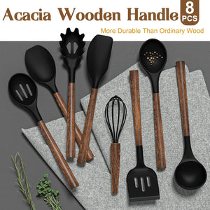 Silicone Cooking Utensil Set, Chef 8-Piece Kitchen Set with Natural Acacia Wooden Handles,Food-Grade Silicone Heads