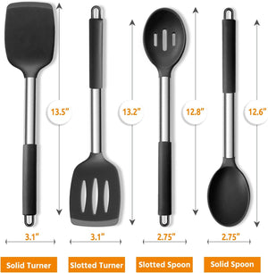 Cooking Utensils Set of 4, Silicone Kitchen Utensils for Non-stick Cookware, Heat Resistant & Non-toxic Slotted Spatula Solid Spoon Turner for Flipping Mixing Serving Basting(Black)