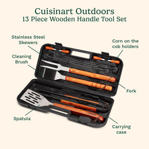 13-Piece Wooden Grill Tool Set, BBQ Accessories and Grill Tools, Durable Stainless-Steel Utensils with Recycled Plastic Case