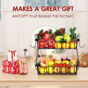 2 Tier Fruit Basket with 2 Banana Hangers, Countertop Fruit Vegetable Basket Bowl for Kitchen Counter Metal Wire Storage Basket Fruits Stand Holder Organizer for Bread Snack Veggies Produce