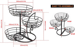 Fruit Basket Bowl with Banana Hanger, Fruit Vegetable Storage Basket with Banana Tree Holder for Kitchen Counter, Detachable Organizer for Bread Snack Produce (Black, 3-Tier Metal Base)