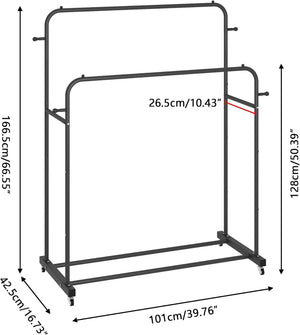 Double Rods Garment Rack with Wheels, Clothing Rack for Hanging Clothes,4 Hooks, Multi-functional Bedroom Clothes Rack, Black