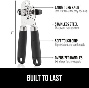 Heavy Duty Stainless Steel Smooth Edge Manual Can Opener and Bottle Openers, Soft Handle, Rust Proof Oversized Handheld Easy Turn Knob, Multifunctional Kitchen Tool, Black