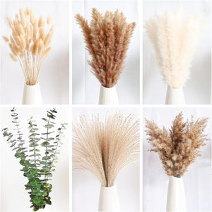 110 PCS of Boho Pampas Grass Decor, Naturally Dried Pompas, Bunny Tails Dried Flowers, and dried eucalyptus. Perfect for Weddings, Boho Party Decorations, and Table Decor