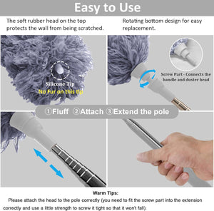 Microfiber Feather Duster Extendable Duster with 100 inches Extra Long Pole, Bendable Head & Long Handle Dusters for Cleaning Ceiling Fan, High Ceiling, Blinds, Furniture & Cars Gray