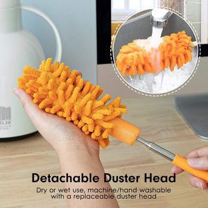 Hand Washable Dusters with 2pcs Replaceable Microfiber Head, Extendable Pole, Detachable Cleaning Supplies for Office, Car, Window, Furniture, Ceiling Fan, Bright Orange