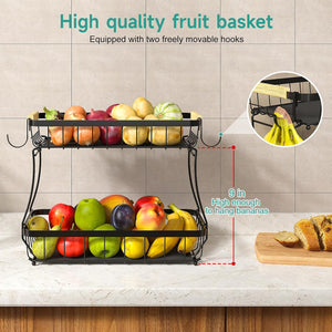 2 Tier Fruit Basket for Kitchen with 2 Banana Hangers, Detachable Metal Fruit Bowl for Kitchen Counter for Fruit and Vegetable Storage, Large Capacity Rectangular Storage Stand Bowls