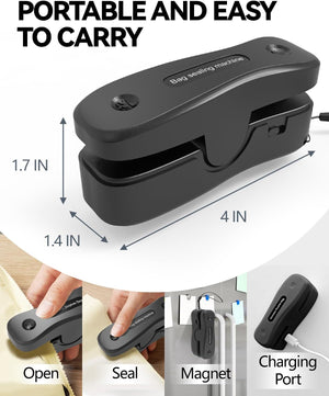 Mini Bag Sealer Rechargeable Bag Sealer 2-in-1 Bag Sealer and Cutter Easy-use Snack Sealer with Magnet Portable Bag Resealer USB Mini Sealer for Chip Bag Plastic Bag Storage Freshness, Black