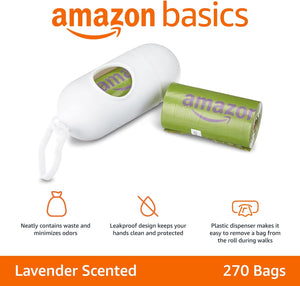 Leakproof Dog Poop Bags With Dispenser and Leash Clip, Lavender Scented, 270 Count (18 Packs of 15), 13 Inch x 9 Inch