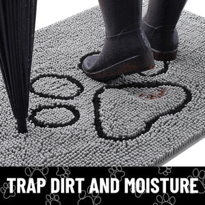 Door Mat for Muddy Paws, Absorbent Dirt Trapper Non-Slip Washable Mat, Quick Dry Chenille, Mud Mat for Dogs, Entry Indoor Door Mat for Inside Floor (30x20 Inches, Grey)
