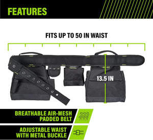 Carpenter Tool Rig with Carry Handles, Premium Tool Belt, Air-Mesh Padded Belt Fits Waists Up to 50 Inches,Black