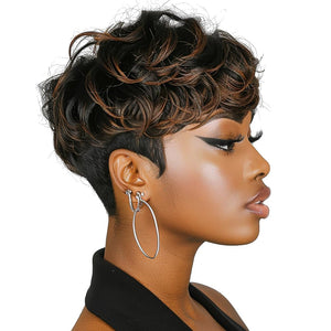 Short Pixie Cut Wigs for Black Women Short Curly Hair Layered Wavy Pixie Cut Wigs With Bangs Short Wigs for Black Women Black Mixed Brown Pixie Wigs for Women Short Brown Wig (Black Mixed Brown)