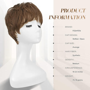 Short Pixie Cut Wigs Synthetic Coffee Brown Pixie Haircut Wig with Bangs Glueless Layered Wavy Wigs for Women