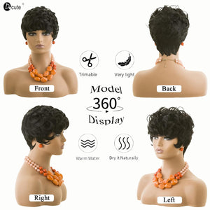 Pixie Cut Wigs Short Black Curly Pixie Wigs Layered Heat Resistant Wigs Pixie Cut Wig For Black Women Natural Wavy Wig with Bangs(black)