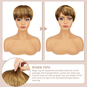 Pixie Cut Wigs for Black Women Pixie Cut Human Hair Wigs Short Layered Wigs Upper Brown&Blonde Mixed