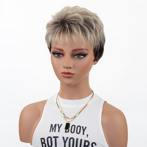 Ombre Blonde Pixie Cut Wig for White Black Women Short Layered Pixie Wig with Bangs Glueless Tapered Natural Hair Replacement Synthetic Wig