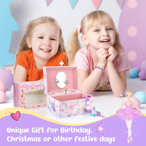 Musical Jewelry Box for Girls with Unicorn Jewelry Set, Kids Jewelry Box Music Box with Spinning Ballerina Birthday Gifts for Girls, Ballerina Swan Lake Tune