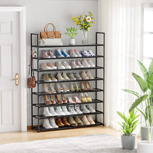 8 Tier Shoe Organizer, 33.3in Wide x 11.2in Deep x 55.7in Tall, Black Metal and Plastic Shoe Rack, Black